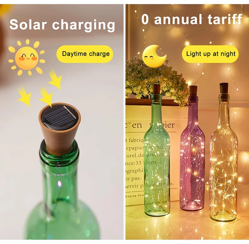 LED Solar String Garland Lights Outdoor Waterproof Copper Wire Bottle Stopper Shaped 1M Fairy Light Decor For Wedding Christmas