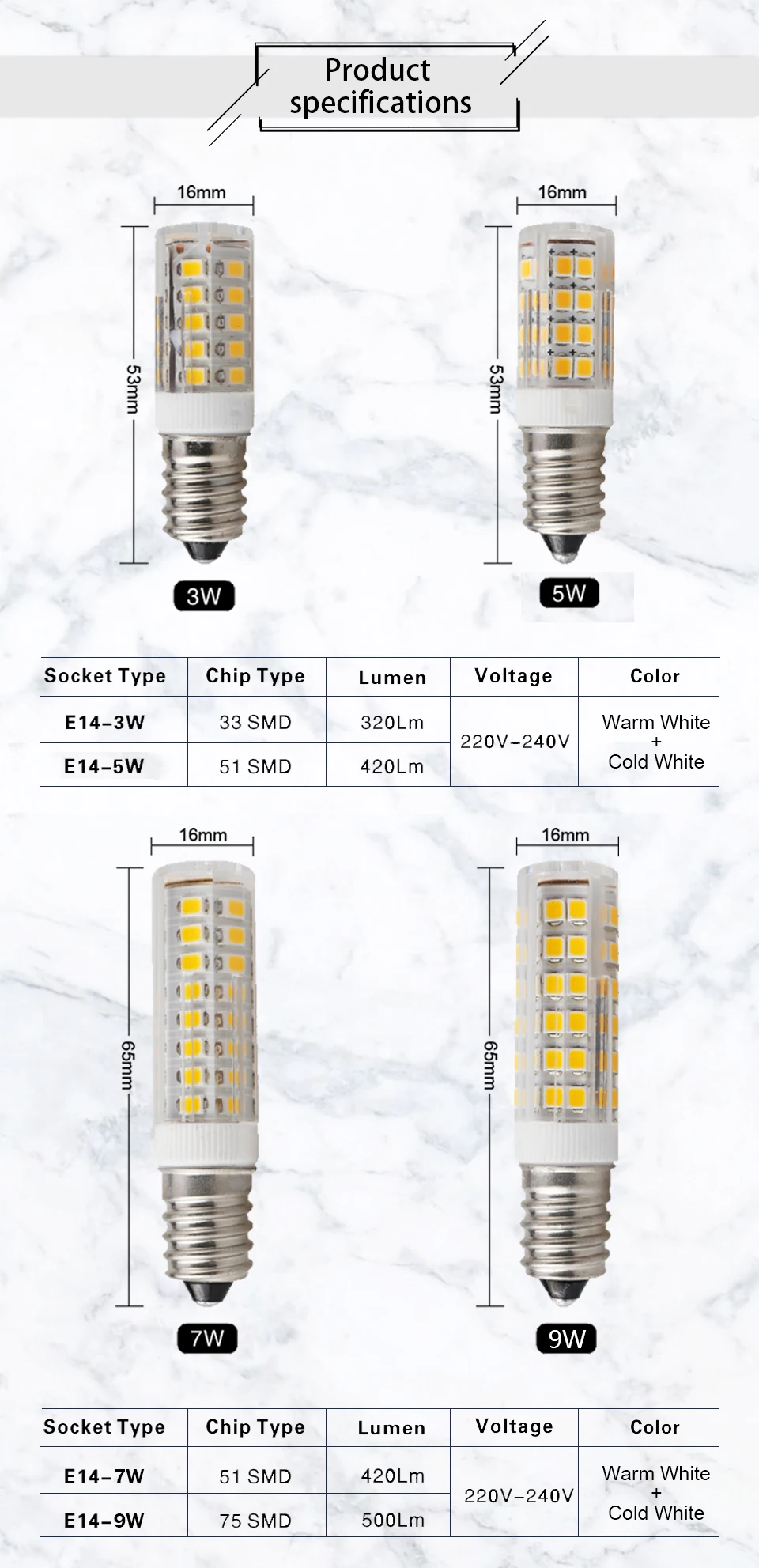10pcs LED Lamp E14 Crystal Candle Bulb SMD2835 3W 5W 7W 9W for Chandeliers Lighting AC 220V 240V