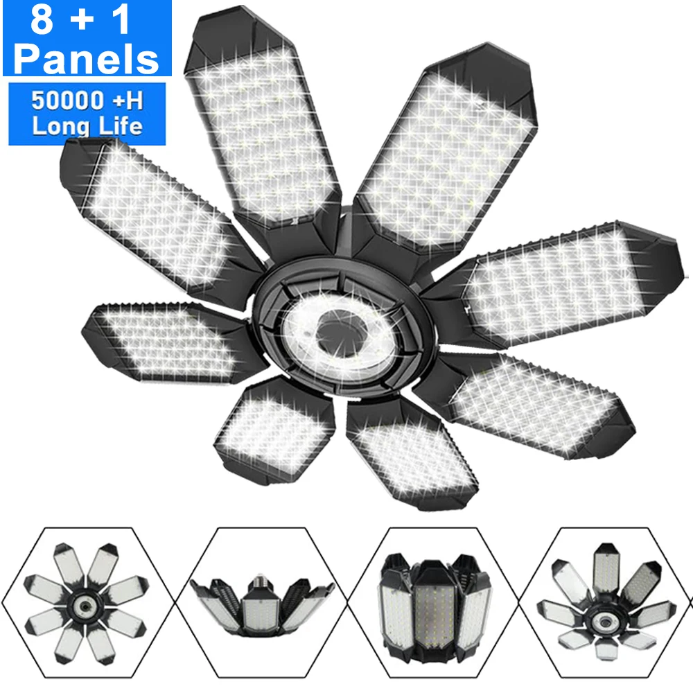 Deformable LED Bulb Garage Light with 3/5/8 Adjustable Panel LED Shop Night Lamp for Workshop Warehouse E26/E27 Ceiling Lighting