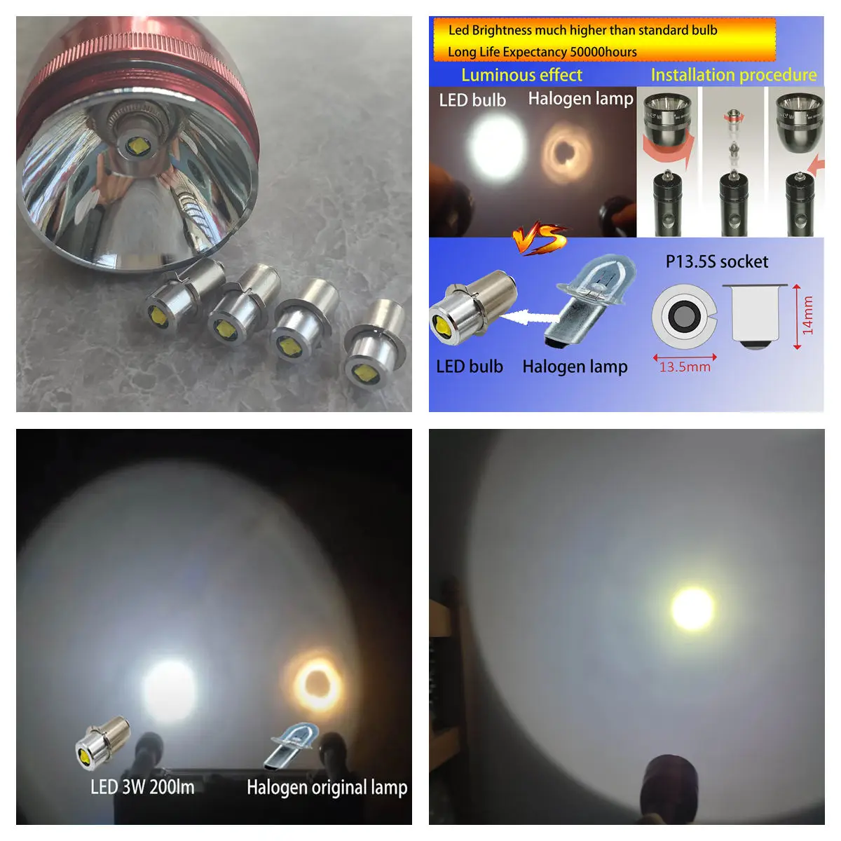 P13.5S Pr2 LED Bulb 3W Upgrade LED Flashlight Bulb Maglite LED Conversion Kit Mag Light LED Bulb 2-16 C&D Cells Maglite Torch