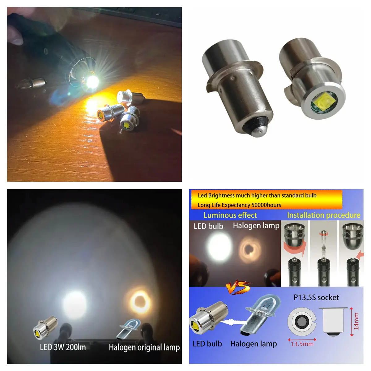P13.5S Pr2 LED Bulb 3W Upgrade LED Flashlight Bulb Maglite LED Conversion Kit Mag Light LED Bulb 2-16 C&D Cells Maglite Torch