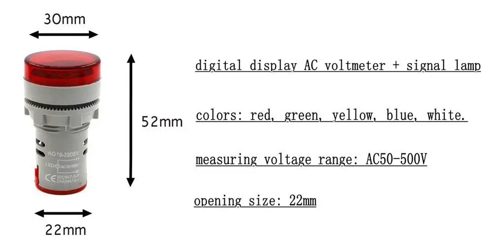 Mini LED Digital Display Voltmeter Alternating Current 60V-500V Digital Display Indicator Aperture 22mm Signal Lamp