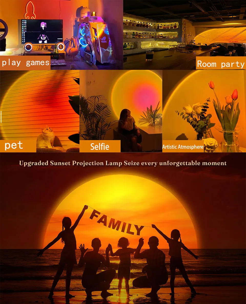 LED Sunset Lamp Nightlights USB Projector Birthday Party Decoration Mood Lights For Bedroom Living Room Wall Photography