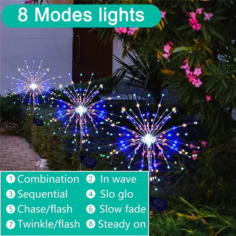 1 Pack Solar Firework Lawn Light Outdoor, IP65 Solar Garden Flower Fairy Lights For Patio Garden Christmas Lighting Decoration