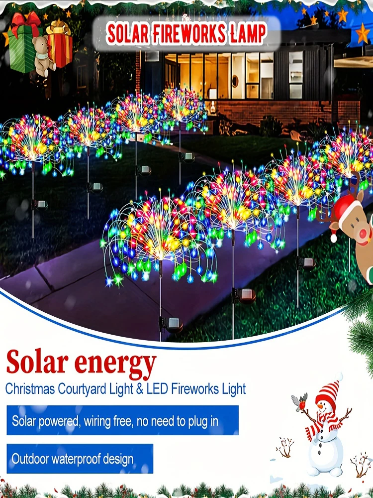 1 Pack Solar Firework Lawn Light Outdoor, IP65 Solar Garden Flower Fairy Lights For Patio Garden Christmas Lighting Decoration
