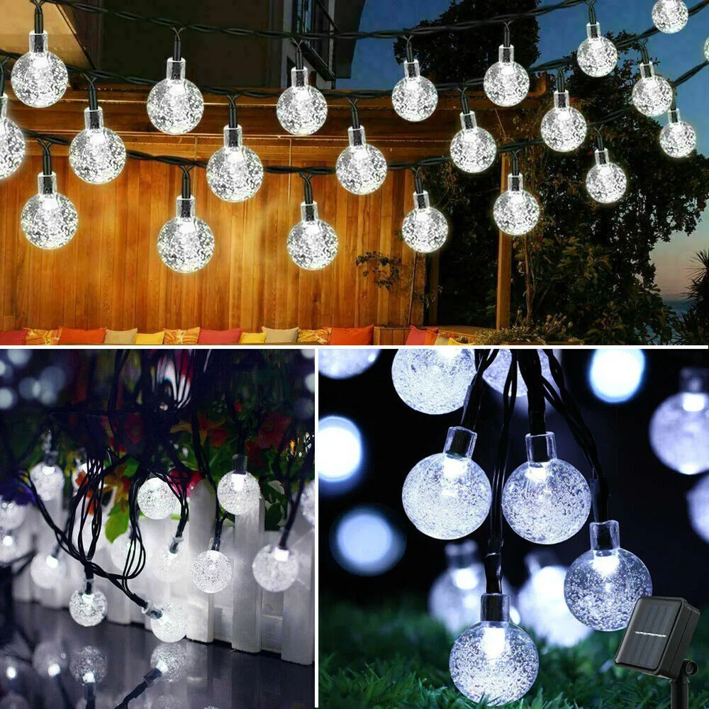 LED Solar Powered Crystal Ball Fairy String Lights Garden Party Outdoor Lamps