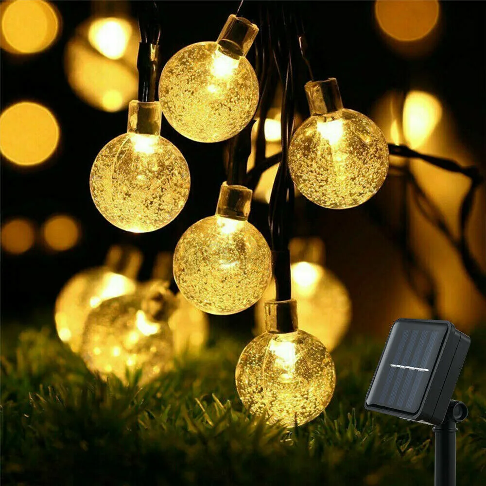 LED Solar Powered Crystal Ball Fairy String Lights Garden Party Outdoor Lamps