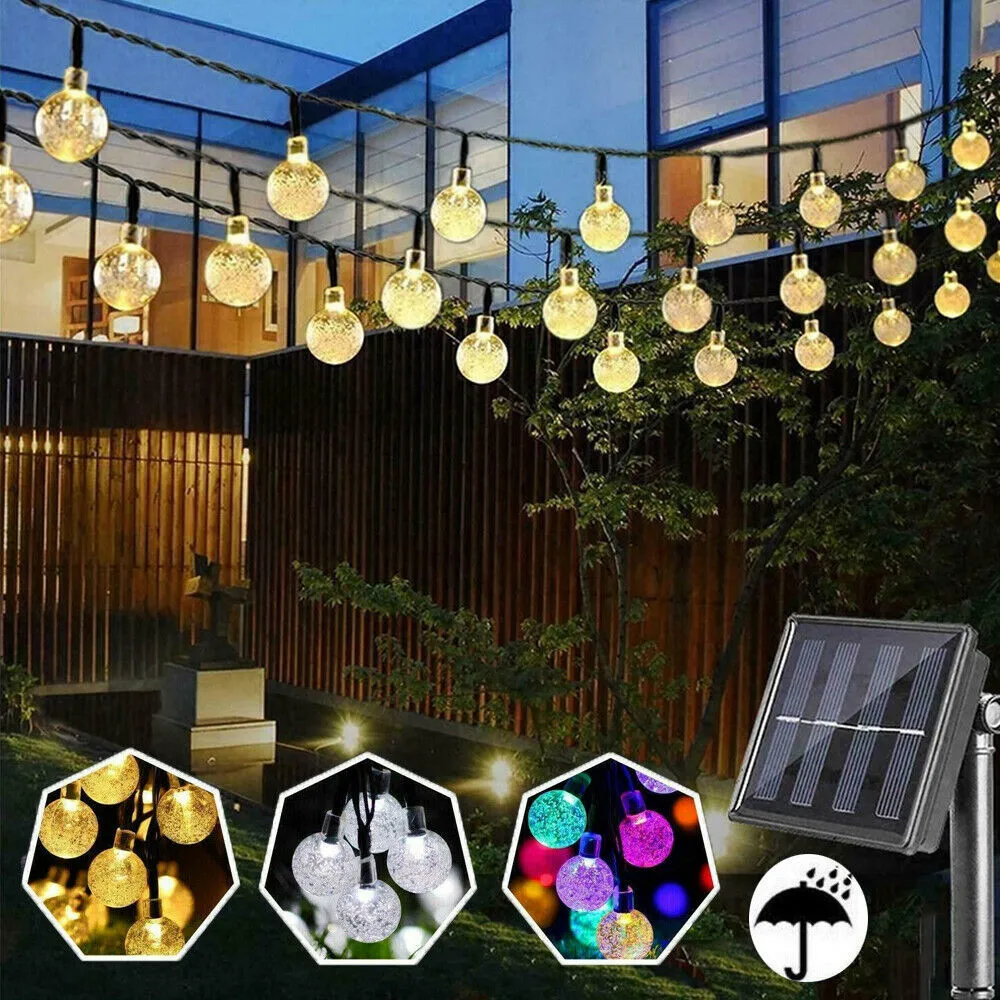 LED Solar Powered Crystal Ball Fairy String Lights Garden Party Outdoor Lamps