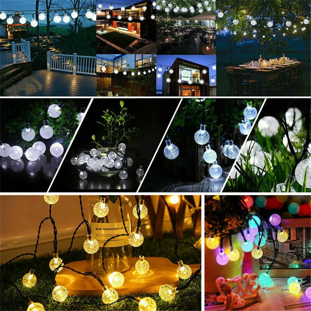 LED Solar Powered Crystal Ball Fairy String Lights Garden Party Outdoor Lamps
