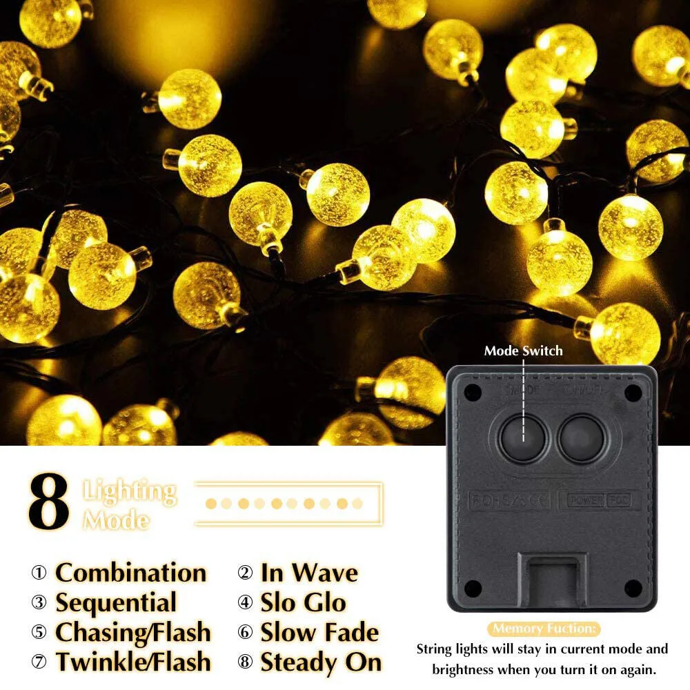LED Solar Powered Crystal Ball Fairy String Lights Garden Party Outdoor Lamps