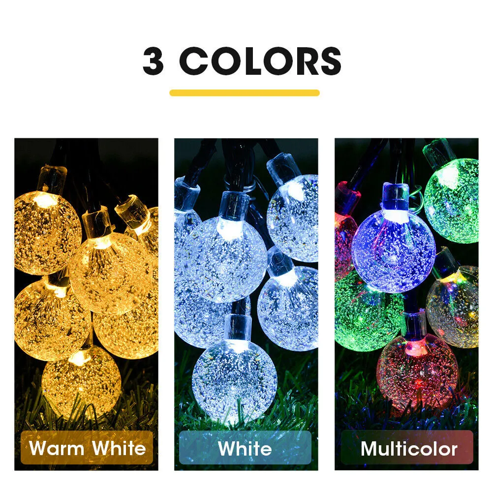 LED Solar Powered Crystal Ball Fairy String Lights Garden Party Outdoor Lamps