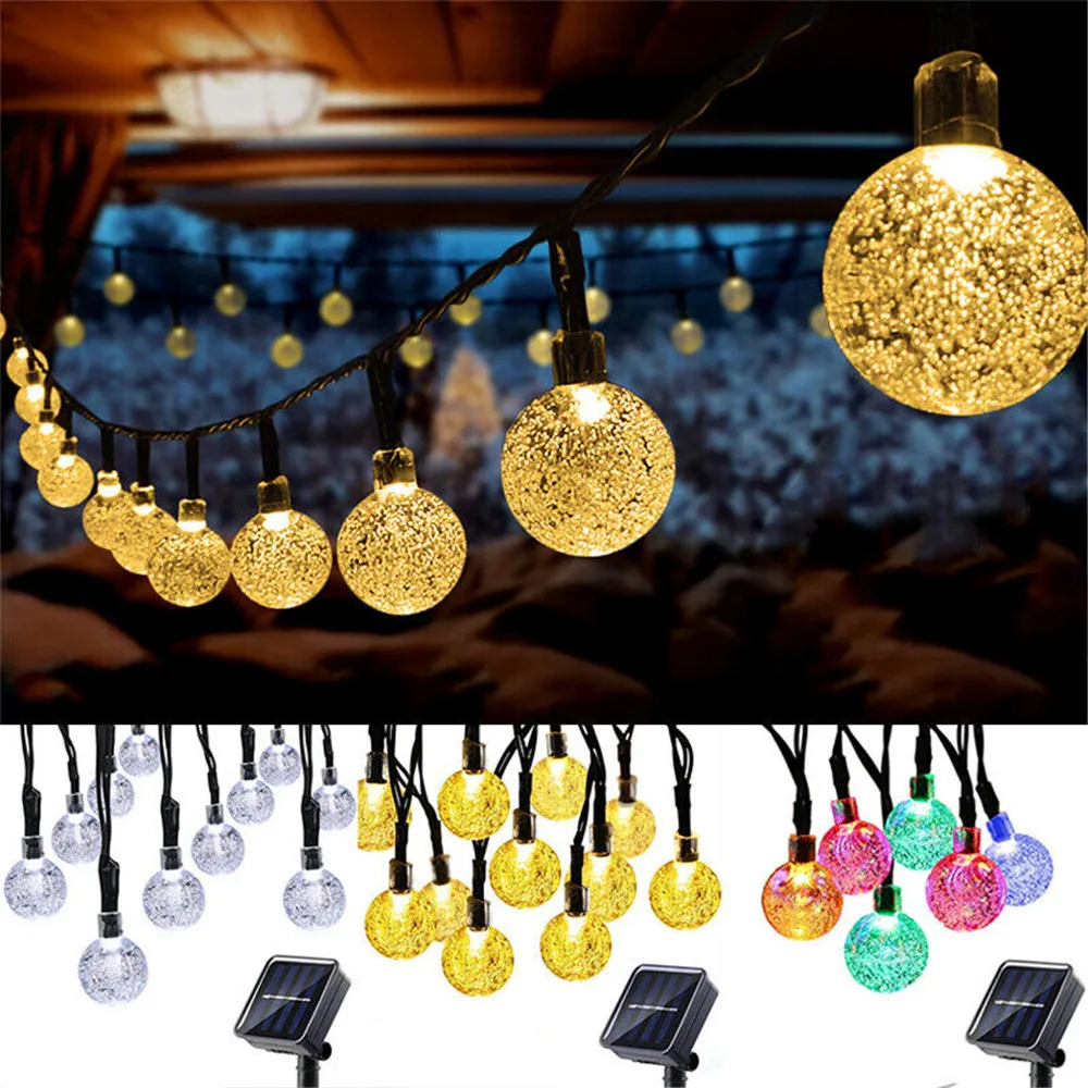 LED Solar Powered Crystal Ball Fairy String Lights Garden Party Outdoor Lamps