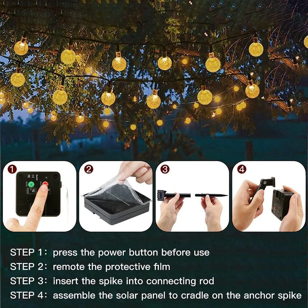 LED Solar Powered Crystal Ball Fairy String Lights Garden Party Outdoor Lamps