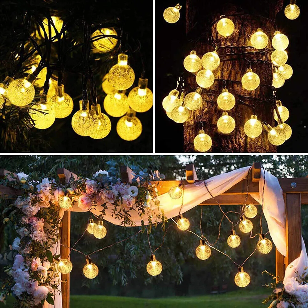 LED Solar Powered Crystal Ball Fairy String Lights Garden Party Outdoor Lamps
