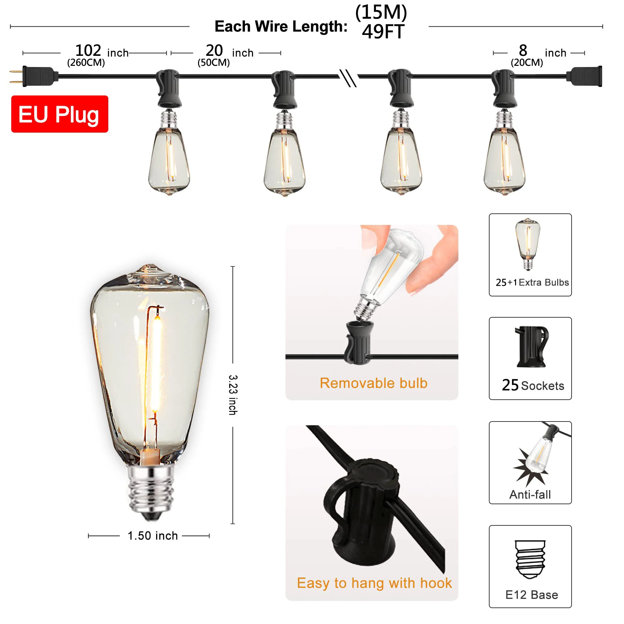 ST38 Led String Lights Outdoor Connectable Plastic Shatterproof IP65 Waterproof LED Bulb Outdoor Garden Garland String Lights