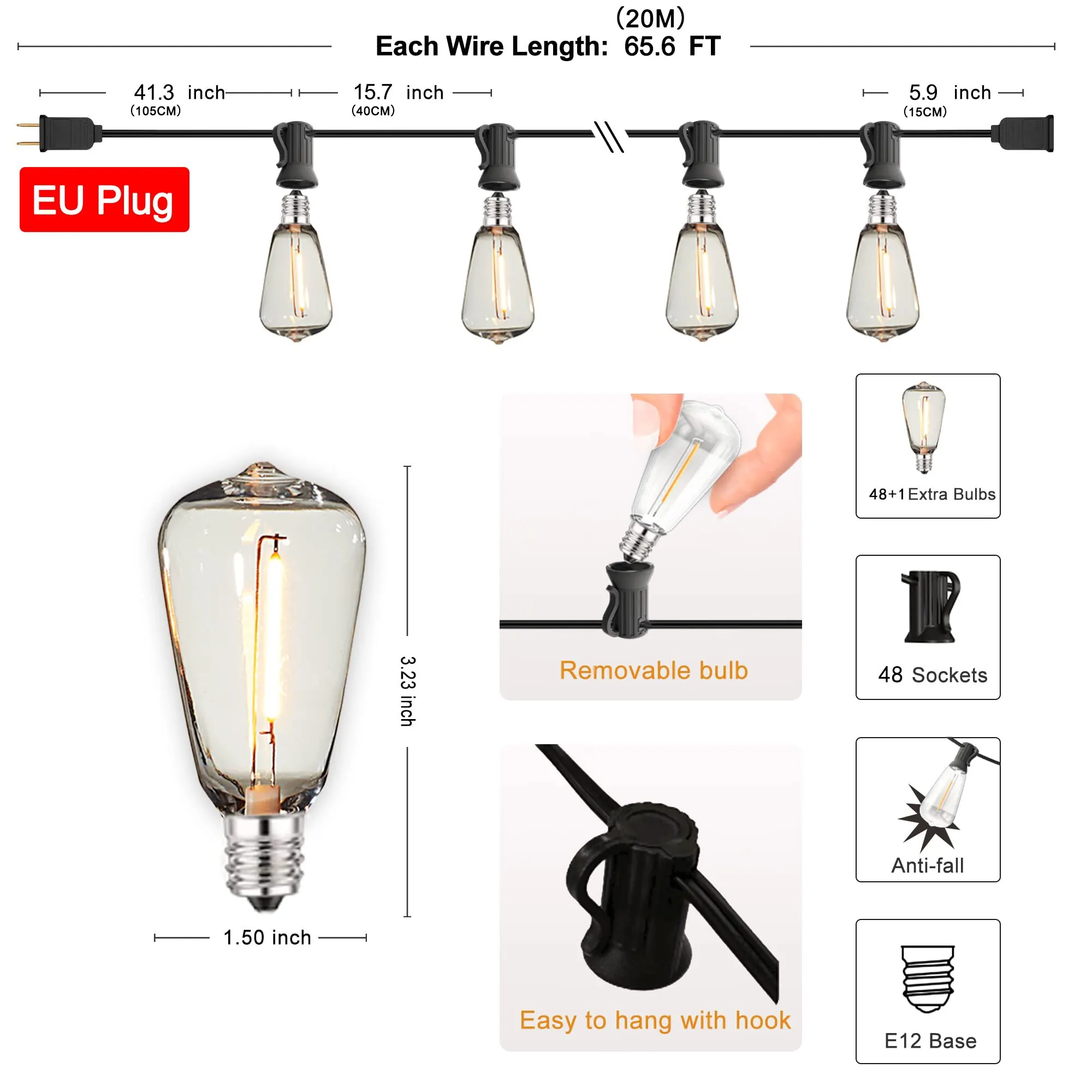 ST38 Led String Lights Outdoor Connectable Plastic Shatterproof IP65 Waterproof LED Bulb Outdoor Garden Garland String Lights