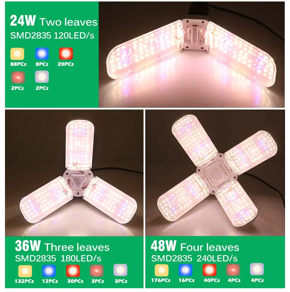 24W 36W 48W LED Grow Light E27 Foldable Phyto Lamp Full Spectrum SMD2835 Bulb for Indoor Plants Bloom Flowering Grow Lamp Garden
