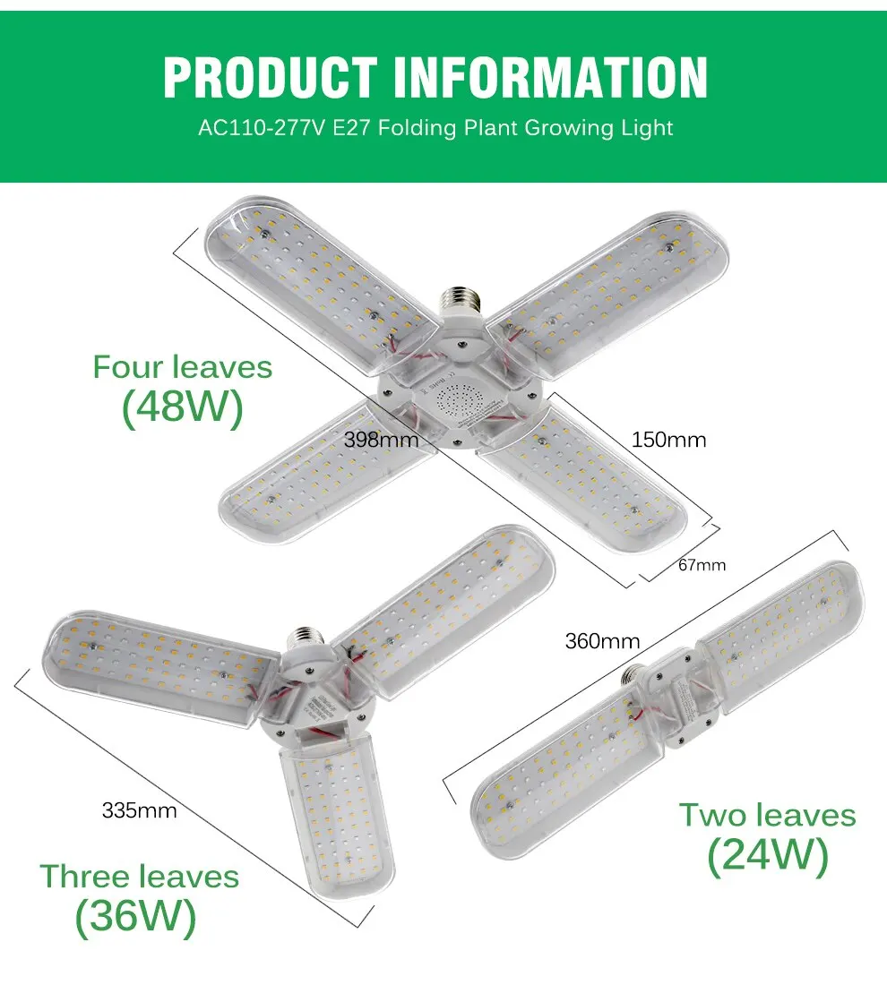 24W 36W 48W LED Grow Light E27 Foldable Phyto Lamp Full Spectrum SMD2835 Bulb for Indoor Plants Bloom Flowering Grow Lamp Garden