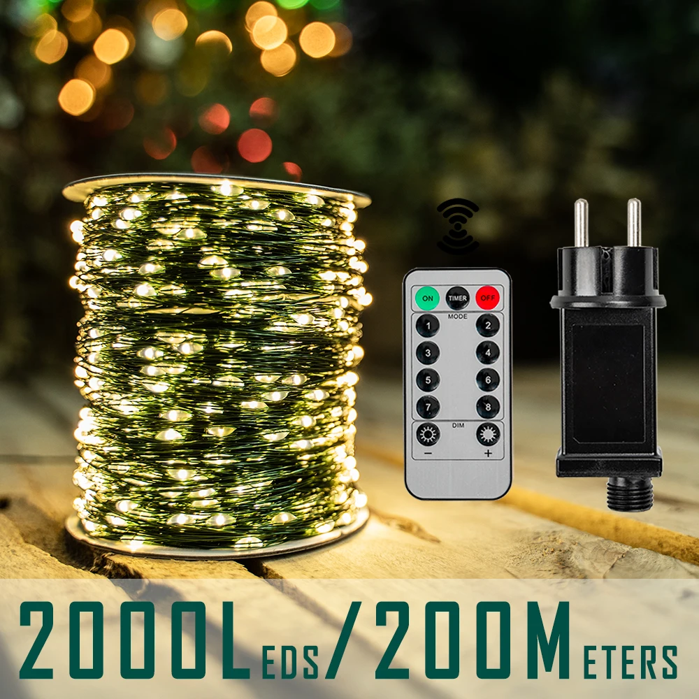 10-200m LED String Lights Waterproof Fairy Garland with Remote Outdoor Christmas Tree Street Garden Wedding Party Decor