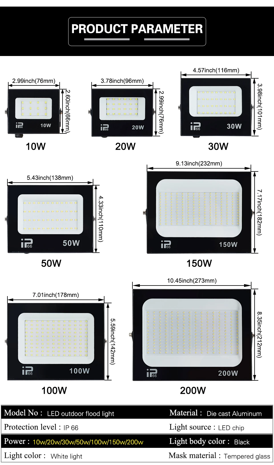 LED Flood Light Spotlight AC220V 100W 200W IP66 Waterproof LED Black Shell Garden Street Gate Wall Floodlights