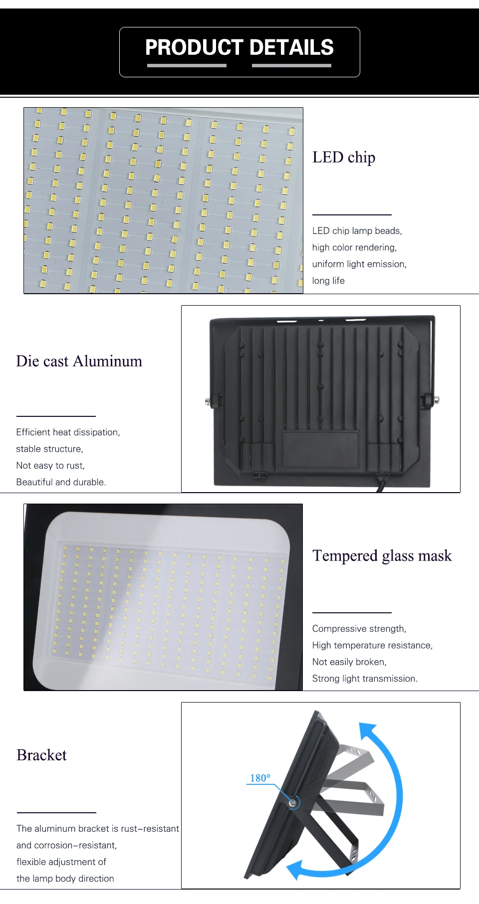 LED Flood Light Spotlight AC220V 100W 200W IP66 Waterproof LED Black Shell Garden Street Gate Wall Floodlights