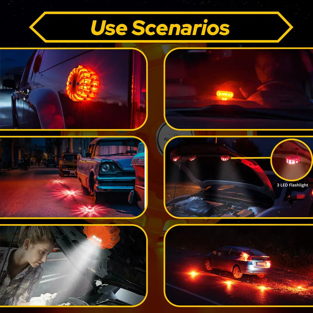 LED Road Flares Emergency Work Lights Disc Safety Flashing Roadside Magnetic Beacon Warning Light Traffic Help Flash Strobe Lamp
