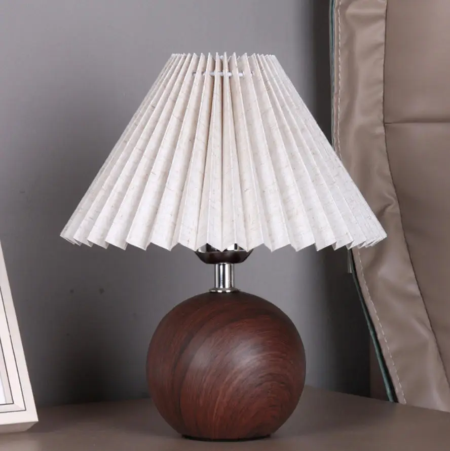 LED Bedside Table Lamp Cute Small Pleated Lamps for Nightstand Circular Walnut Ambient Light USB Bedroom Decoration Night Light