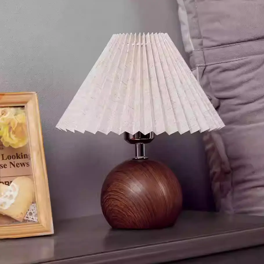 LED Bedside Table Lamp Cute Small Pleated Lamps for Nightstand Circular Walnut Ambient Light USB Bedroom Decoration Night Light