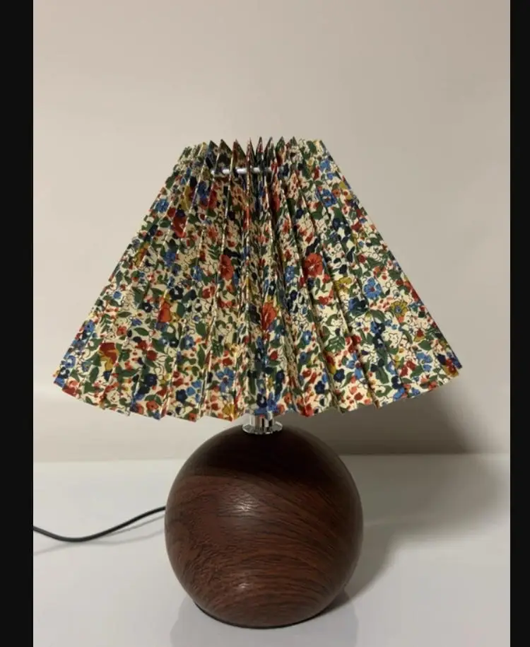 LED Bedside Table Lamp Cute Small Pleated Lamps for Nightstand Circular Walnut Ambient Light USB Bedroom Decoration Night Light