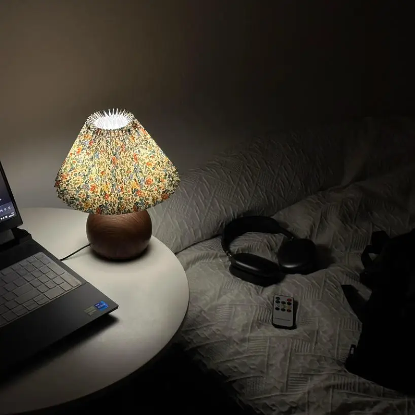 LED Bedside Table Lamp Cute Small Pleated Lamps for Nightstand Circular Walnut Ambient Light USB Bedroom Decoration Night Light