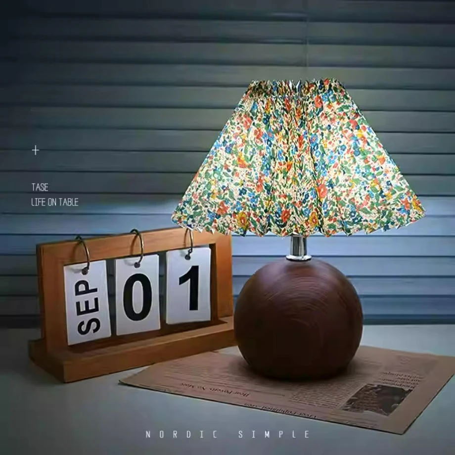 LED Bedside Table Lamp Cute Small Pleated Lamps for Nightstand Circular Walnut Ambient Light USB Bedroom Decoration Night Light