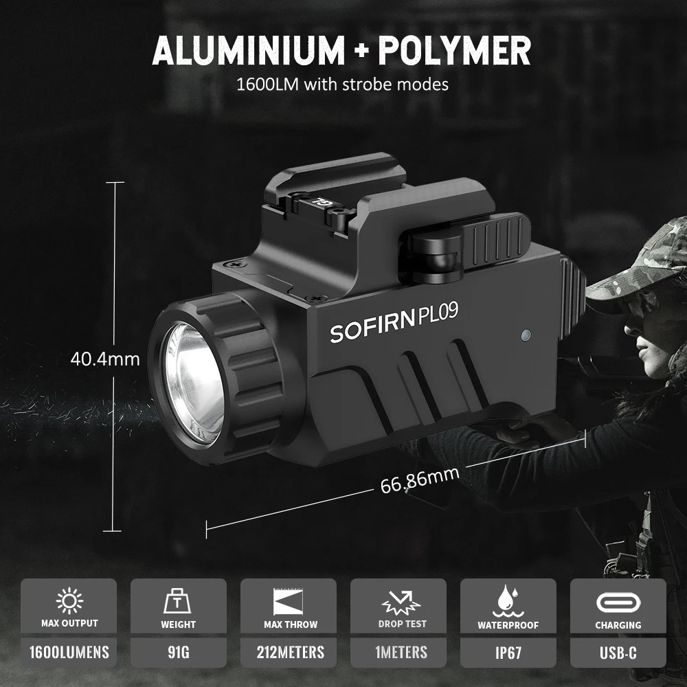 SOFIRN PL09 Tactical Flashlight SST40 LED Light 1600lm Rechargeable Lightweight High Lumen with Strobe Mode