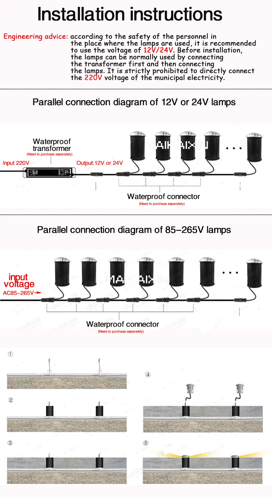 IP67 DC12/24V Outdoor Lighting 3W 5W Garden Yard Step Stairs Floor Deck LED Recessed Inground Lamps Underground Spotlight 220V