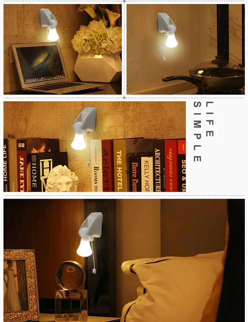 LED Pull Cord Wall Night Lights Cabinet Closet Table Lamp Self Adhesive Bulb For Home Toilet Bedroom Lighting Battery Operated