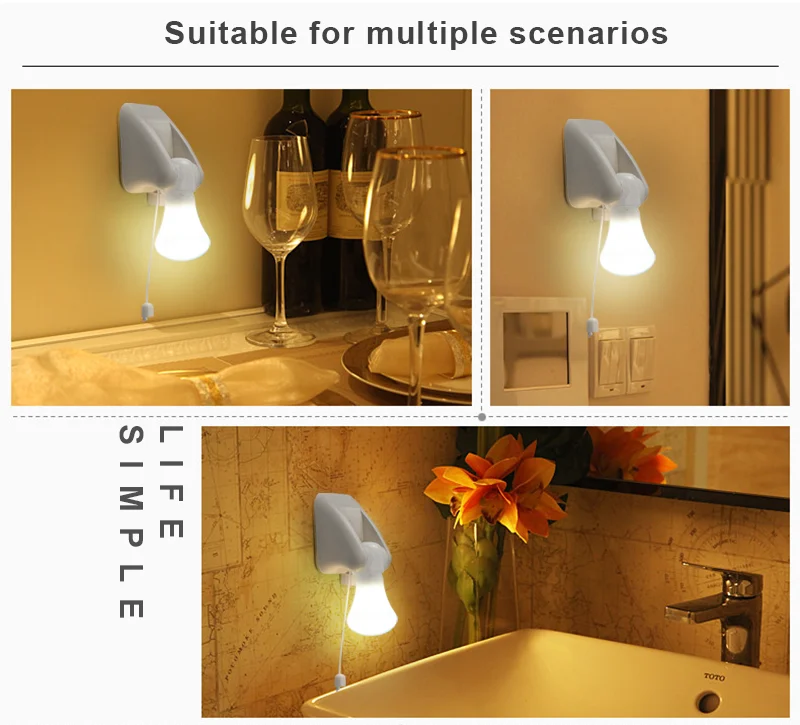 LED Pull Cord Wall Night Lights Cabinet Closet Table Lamp Self Adhesive Bulb For Home Toilet Bedroom Lighting Battery Operated