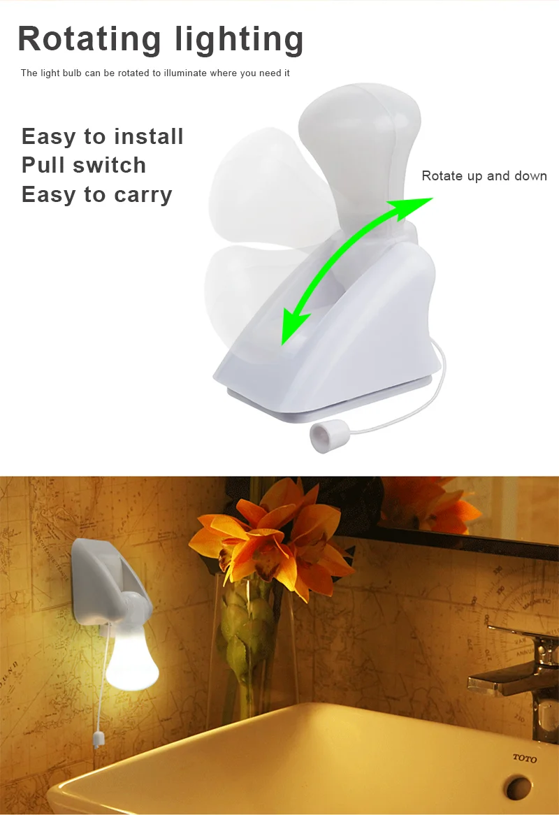 LED Pull Cord Wall Night Lights Cabinet Closet Table Lamp Self Adhesive Bulb For Home Toilet Bedroom Lighting Battery Operated