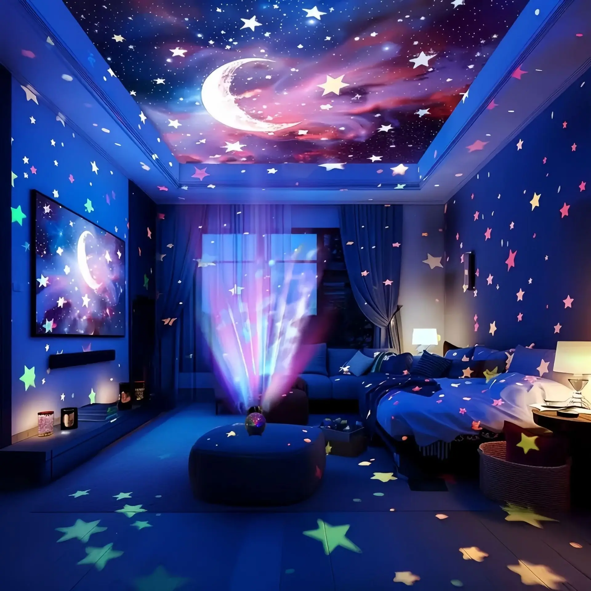 Starry Sky Moon Projector Light 7 Modes LED Night Light USB Colorful Strobe Light USB Plug-in for Kids Room Party Galaxy Decor