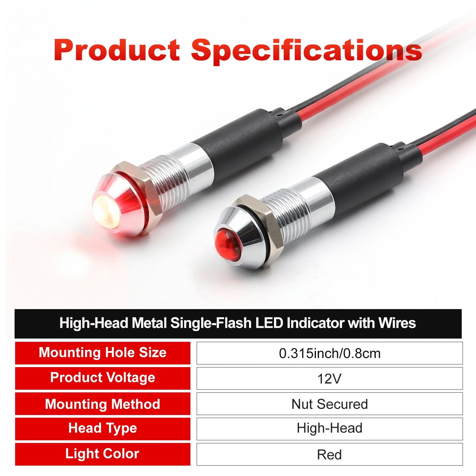 FILN 8mm 12V 24V Metal LED Flashing Indicator Light High-Head Single Flash Signal Lamp Pilot Dash Directional Wired Red Warning