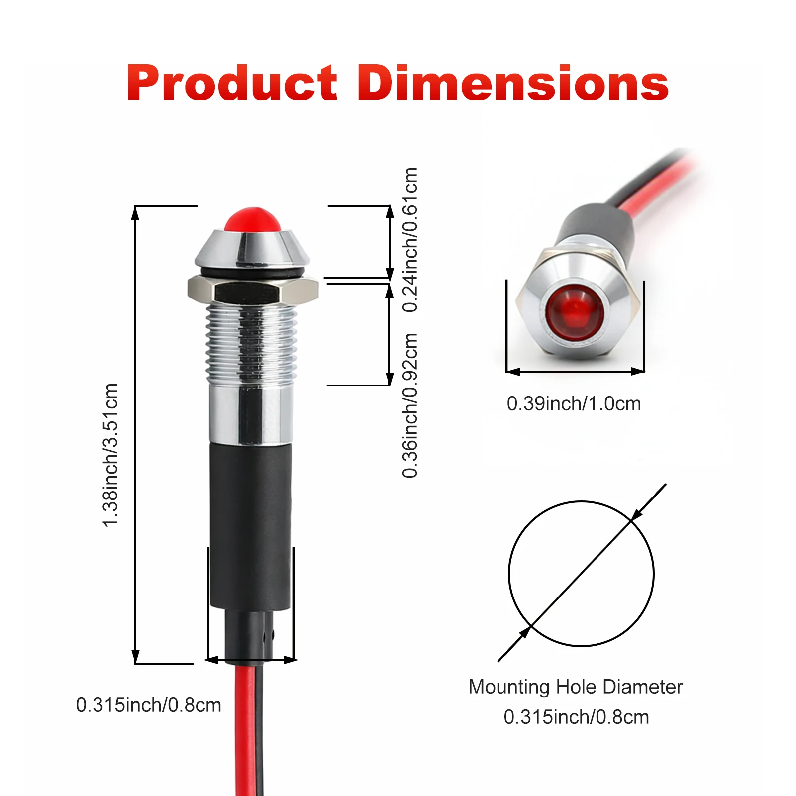 FILN 8mm 12V 24V Metal LED Flashing Indicator Light High-Head Single Flash Signal Lamp Pilot Dash Directional Wired Red Warning