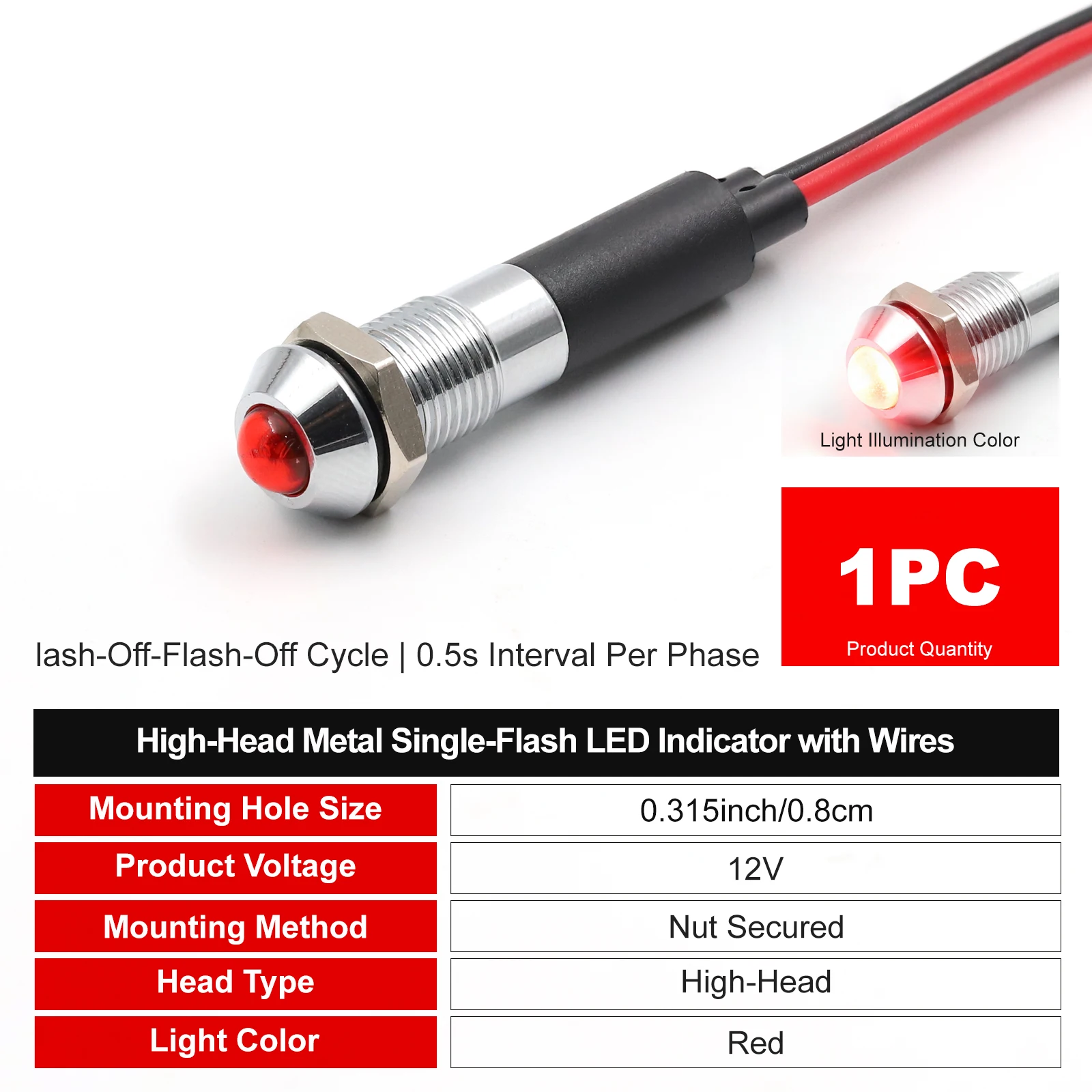 FILN 8mm 12V 24V Metal LED Flashing Indicator Light High-Head Single Flash Signal Lamp Pilot Dash Directional Wired Red Warning