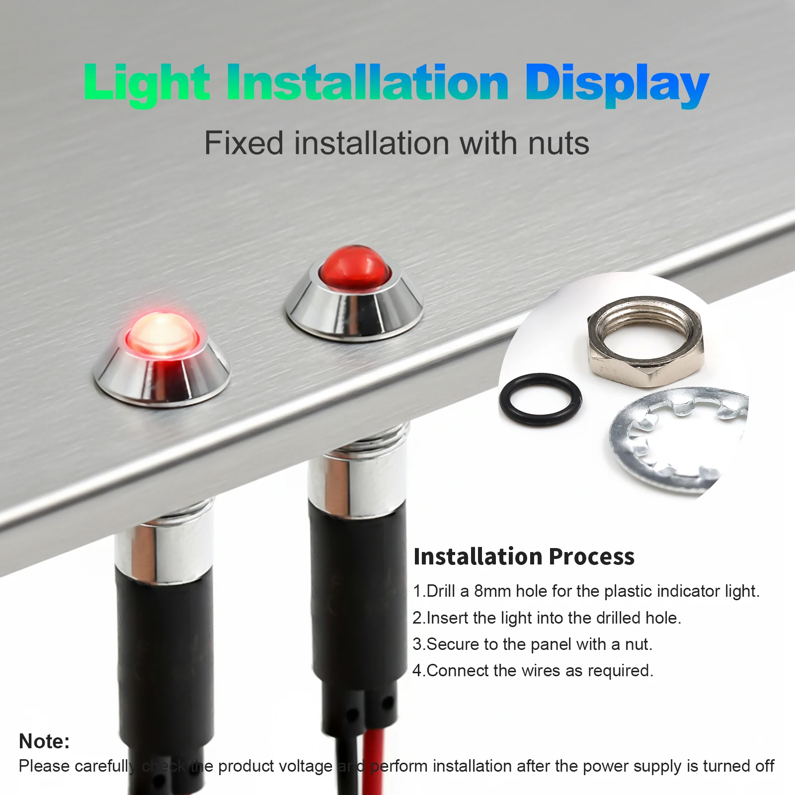 FILN 8mm 12V 24V Metal LED Flashing Indicator Light High-Head Single Flash Signal Lamp Pilot Dash Directional Wired Red Warning