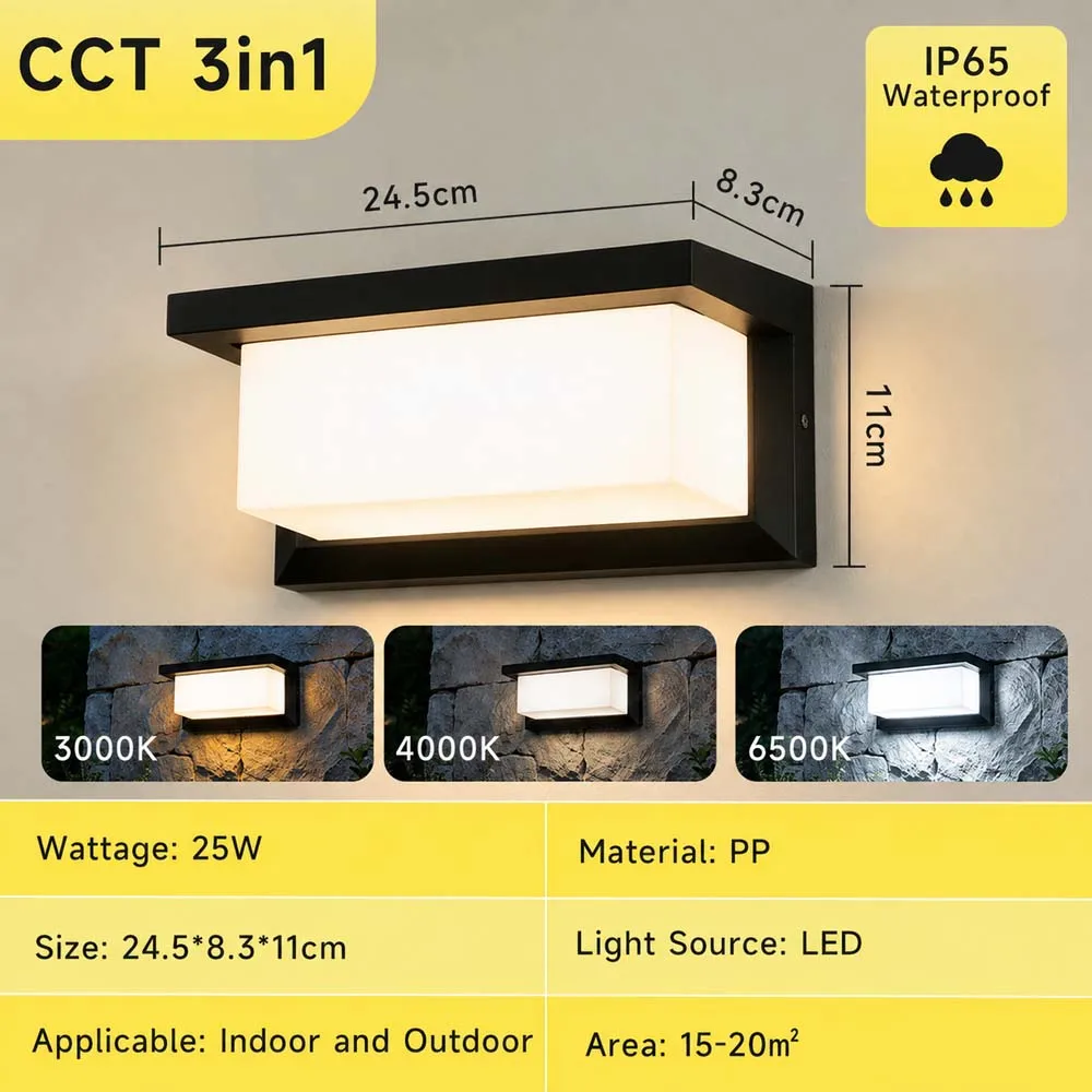 Modern Square Wall Light LED Flush Mount Black Home Decor Wall Sconce IP65 Waterproof for Balcony Living Room Bedroom 25W