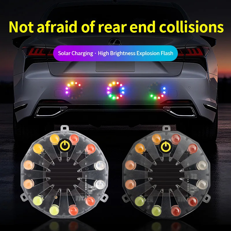 Solar Colorful Warning Flash Light Strong Paste Truck Night Width Tail Light Brake Car Anti-Rear Collision LED Indicator Lamp