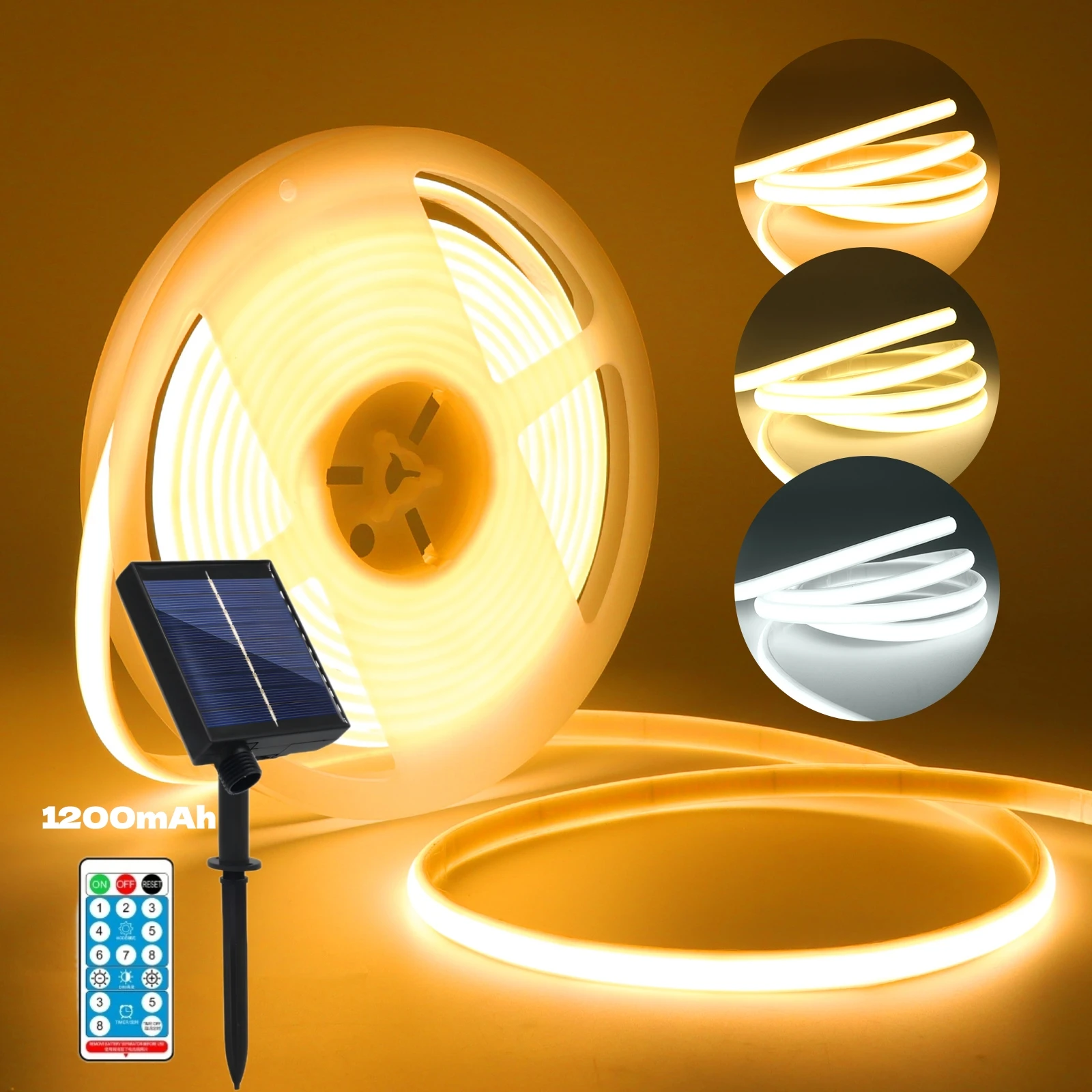 1.3W/2.8W/6W/13W Solar COB LED Strip Light With Remote Dimmable Adhesive Tape Waterproof 3000K 4000K 6000K Indoor Outdoor Decor