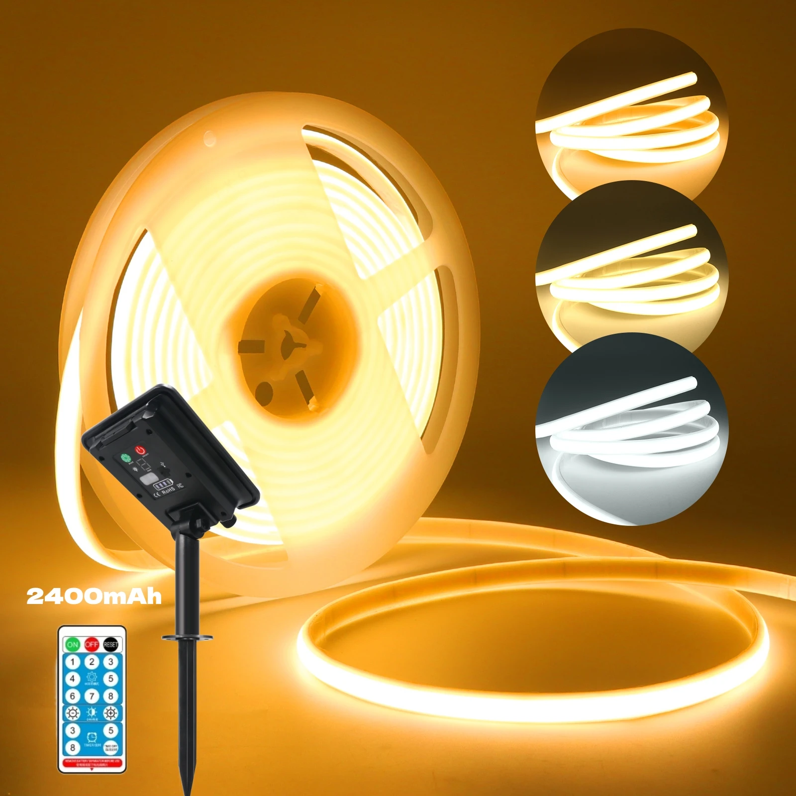 1.3W/2.8W/6W/13W Solar COB LED Strip Light With Remote Dimmable Adhesive Tape Waterproof 3000K 4000K 6000K Indoor Outdoor Decor