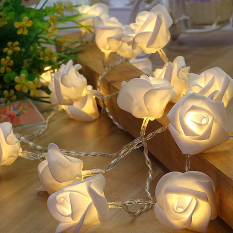 1Pack 10/20Led White Rose Flower String Lights Battery Operated For Valentine'S Day Wedding Home Party Birthday Decorations