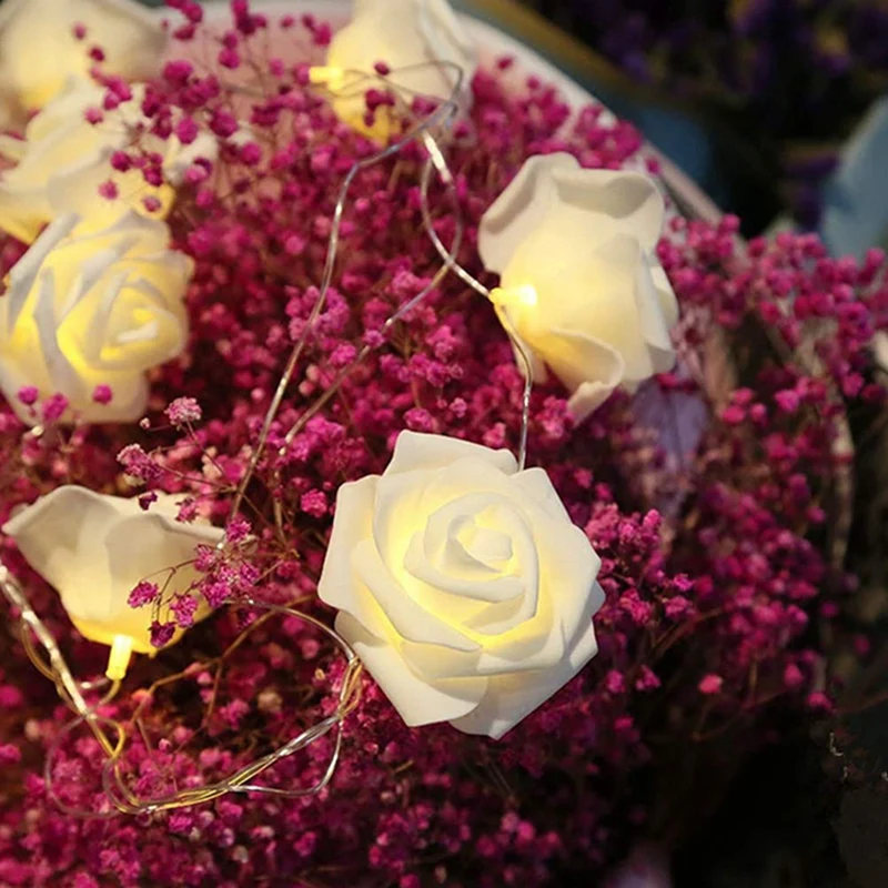 1Pack 10/20Led White Rose Flower String Lights Battery Operated For Valentine'S Day Wedding Home Party Birthday Decorations