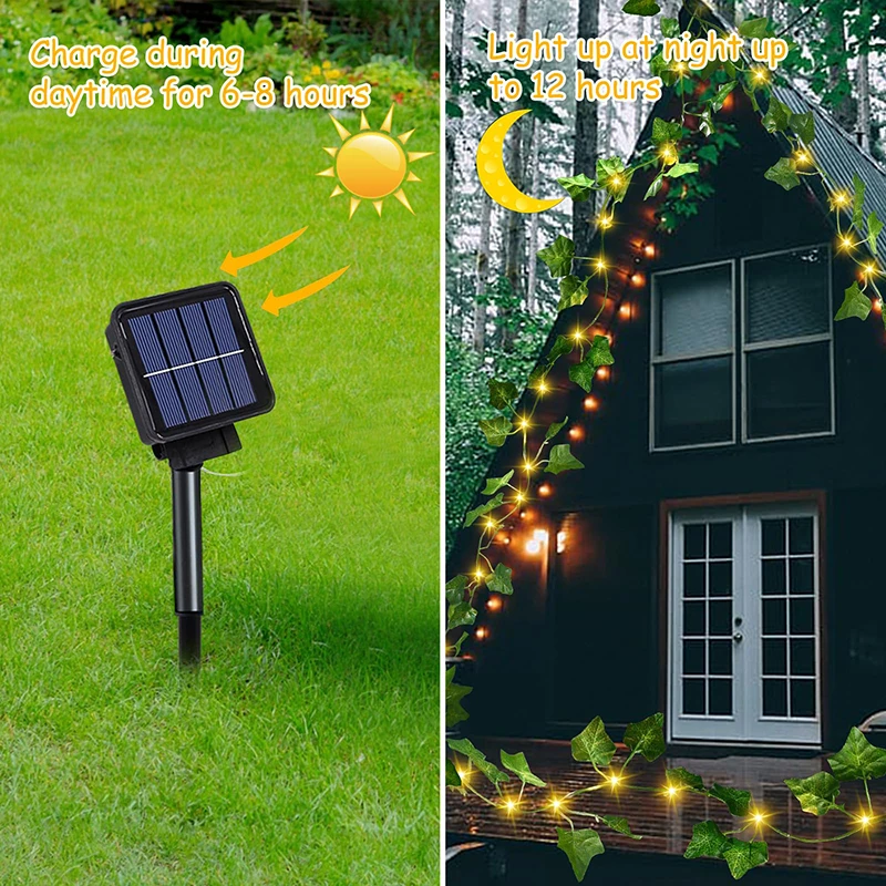 5/10M Solar Rattan Light String Outdoor Fairy Lamp 8 Mode Artificial Plant Leaf For Wedding Camping Garden Fence Decoration