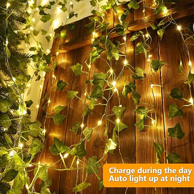 5/10M Solar Rattan Light String Outdoor Fairy Lamp 8 Mode Artificial Plant Leaf For Wedding Camping Garden Fence Decoration