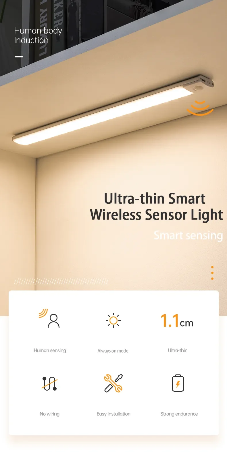 Night Light 20/30/40/60CM Motion Sensor Light Wireless USB LED Cabinet Light Wardrobe Lamp For Kitchen Cabinet Bedroom Wardrobe